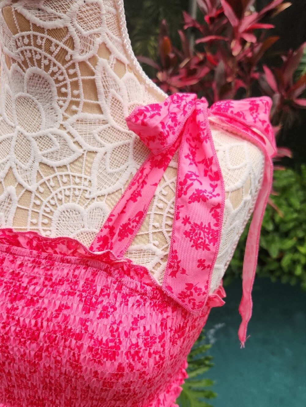 Pink Smocked Tiered Ruffle Mini Bodycon Dress with Tie Shoulder Straps - Picture 2 of 6